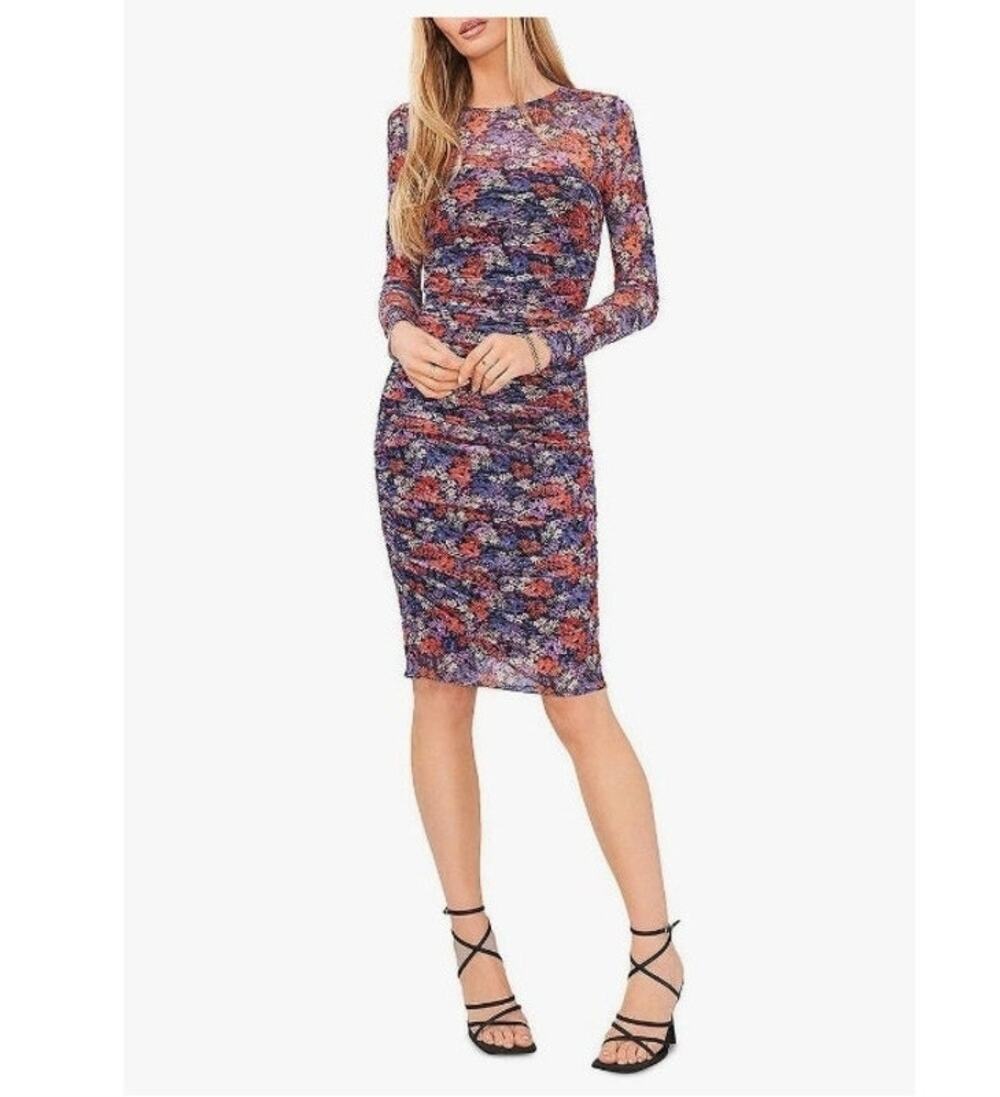 1.STATE Women's Floral Ruched Midi Dress XS Black Multi Lace Long Sleeve NWT